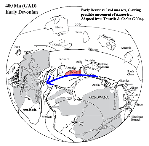 Armorica in the Early Devonian.  Torsvik & Cocks (2004)