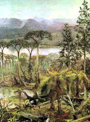 the Carboniferous coal swamps of Euraemrica - from Life Before Man by Zdenek V. Spinar, illustrated by Zdenek Burian