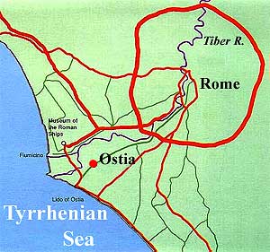 Map of Ostia and Rome today